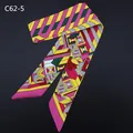 Narrow silk twilly scarf with colorful geometric stripes and abstract pink pattern - Yellow Green Contrast (C62-5)