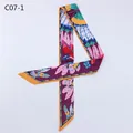 Summer silk twilly scarf with purple feather and flower prints and yellow edges - Dark Purple Feather Floral Style (C07-1)