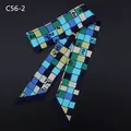 Blue and green geometric checkered twilly silk scarf with animal print design - C56-2 Blue Green Patchwork Grid (C56-2)
