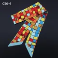 Colorful geometric checkered twilly silk scarf featuring playful black cat illustrations - C56-4 Red Yellow Cat Print (C56-4)