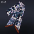 Silk twilly scarf with blue plaid and horse carriage print, tapered ends, variant C56-5 - C56-5 Blue Gray Vintage Plaid (C56-5)