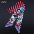 Narrow twilly silk scarf with red and blue geometric patterns for handbag handles - Red Blue Architecture (C62-2)