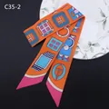 Orange twilly silk scarf with geometric belt buckle patterns and pink pointed ends - Orange Geometric Style (C35-2)