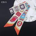 Beige twilly silk scarf with colorful geometric patterns and orange diagonal ends - Beige Geometric Style (C35-5)