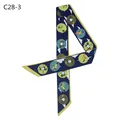 Navy blue silk-feel skinny scarf with colorful horse print and yellow border - Navy Blue (C28-3)