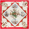 Französisches Vintage Seidentuch mit Segelschiff-Print und rotem Rand 90x90cm - Rot