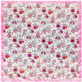 Pañuelo cuadrado de seda 90cm con estampado de búhos de colores y borde de satén rosa - Rosa Roja