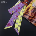 Cartoon print silk-feel twilly scarf for women featuring purple and yellow splice design - C29-1