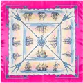 French sailing ship pattern 90cm square silk scarf with bright fuchsia pink border - 90x90cm / Rose Red