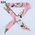 Pink and white slim silk scarf with vintage carriage wheel and chain patterns - Light Pink White Contrast Vintage Carriage Chain Style (S24)
