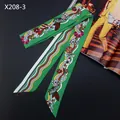Green silk-like twilly scarf with floral patterns and wavy lines for bag handles - Green Style (X208-3)