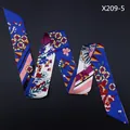 Floral print 120cm narrow silk scarf in navy blue with pink and yellow flowers - Elegant Navy Blue Patchwork Style (X209-5)