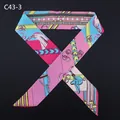 Pañuelo estrecho de seda con estampado ecuestre rosa y azul para asa de bolso - Rosa Amarillo Brillante Estilo Ecuestre (C43-3)