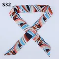 Narrow silk-like scarf S32 with abstract blue and coral stripes for bag handles - Lake Blue Multicolor Abstract Streamline Style (S32)