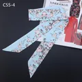 Light blue floral skinny silk scarf with pink cherry blossom print and pointed ends - Light Blue Pink Cherry Blossom Style (C55-4)