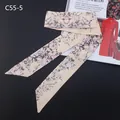 Floral skinny silk scarf twilly in beige with pink cherry blossom pattern for handbags - Beige Pink Floral Style (C55-5)