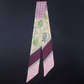 Macro detail of multicolored twilly silk scarf featuring floral and polka dot patterns - Pink Purple Geometric Floral (C95-2)