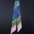 Close-up of geometric dot pattern on silk-feel twilly scarf with blue and pink panels - Blue Pink Green Geometric (C95-5)