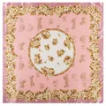 Pink satin square scarf with vintage carriage and golden rose floral print, 90x90cm - Dusky Pink