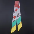 French style twilly silk scarf with colorful horse harness and polka dot print on black - Red Green Gray Geometric (C95-3)
