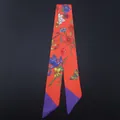 Red twilly silk scarf with colorful floral print and butterfly for handbag handles - Orange Red Purple Floral Style (C106-1)