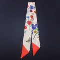 Floral butterfly print skinny silk scarf with orange contrast tips on navy background - Cream Orange Red Floral Style (C106-2)