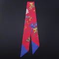 Floral butterfly print skinny silk scarf in red and blue for handbags and hair styling - Rose Red Blue Floral Style (C106-3)
