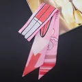 Pink satin skinny scarf with lipstick print for handbag handles and hair styling - T360-2 / 6cm Width