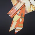 Orange twilly silk scarf with abstract leaf patterns for handbag handles and hair styling - T360-3 / 6cm Width