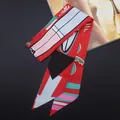 Detailed view of red silk twilly scarf with abstract patterns on elegant black surface - Red Abstract Geometric Pattern(T360-4)