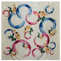 Square silk-like scarf featuring yellow roses and blue artistic circular patterns - Beige