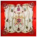 Elegante foulard in seta con stemma, motivi a ruota e bordo rosso, scialle quadrato 90x90cm - 90cm*90cm / Rosso