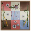 Elegant 90cm square silk scarf featuring traditional floral and bamboo patchwork patterns - Large Square Scarf Style / Khaki Edge