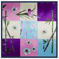 Silk-like square scarf featuring oriental bamboo and orchid patterns in pink and blue - Large Square Scarf Style / Dark Green Border