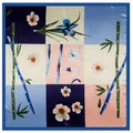 Silk square scarf with bamboo and orchid prints in a symmetrical 9-grid layout - Large Square Scarf Style / Blue Edge