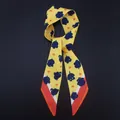 Floral yellow silk scarf with blue leaves and striped ends for neck or bag handle - Bright Yellow