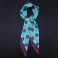 Lake blue cartoon printed twilly silk scarf with red dots and striped edge details - Lake Blue