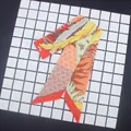 Detail eines bunten Seidenschals mit Feder- und Reitsportmustern für Handtaschen - Orangeroter Reitstil (C112-1)