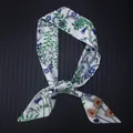 Floral print long silk scarf for handbags with blue morning glory and sunflower patterns - White (C122-1)