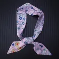 Detail of pink floral silk twilly scarf with blue flower patterns for handbag handles - Pink Purple (C122-3)
