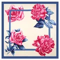 Square silk scarf with rose flower print in pink and navy blue on cream background - Dark Green