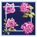 90x90cm navy blue silk scarf featuring pink rose patterns and leaf print design - Sky Blue