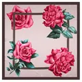Satin silk square scarf featuring vintage rose and leaf print with dark brown borders - Gray