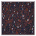 Navy blue faux silk square scarf featuring orange geometric city map patterns and fashion motifs - Navy Blue
