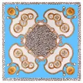 Blue silk scarf with leopard print and vintage watch pattern layout 90x90cm - Sky Blue