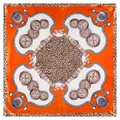 Silk square scarf featuring leopard print, vintage watches, and chain motifs in orange - Orange