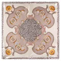 Silk feel square scarf featuring leopard print, golden watches and chain patterns - Khaki
