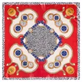 Detail of red square silk scarf with leopard print, gold pocket watch, and chain patterns - Red