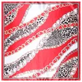 90cm square silk scarf featuring red leopard print with gold chain and pearl patterns - Red