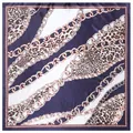 90x90cm silk scarf featuring elegant leopard print and golden chain patterns on blue stripes - Navy Blue